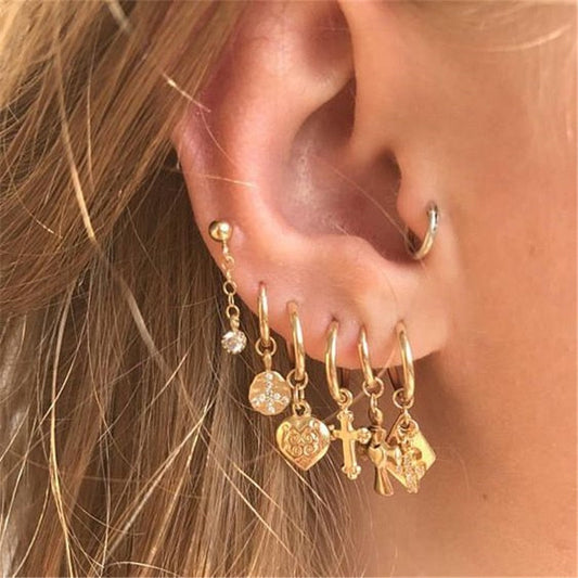 Flatfoosie New Tiny Hoop Earrings For Women Gold Color Cartilage Hoop Earrings Jewelry Heart Cross Star Triangle Charm Earrings